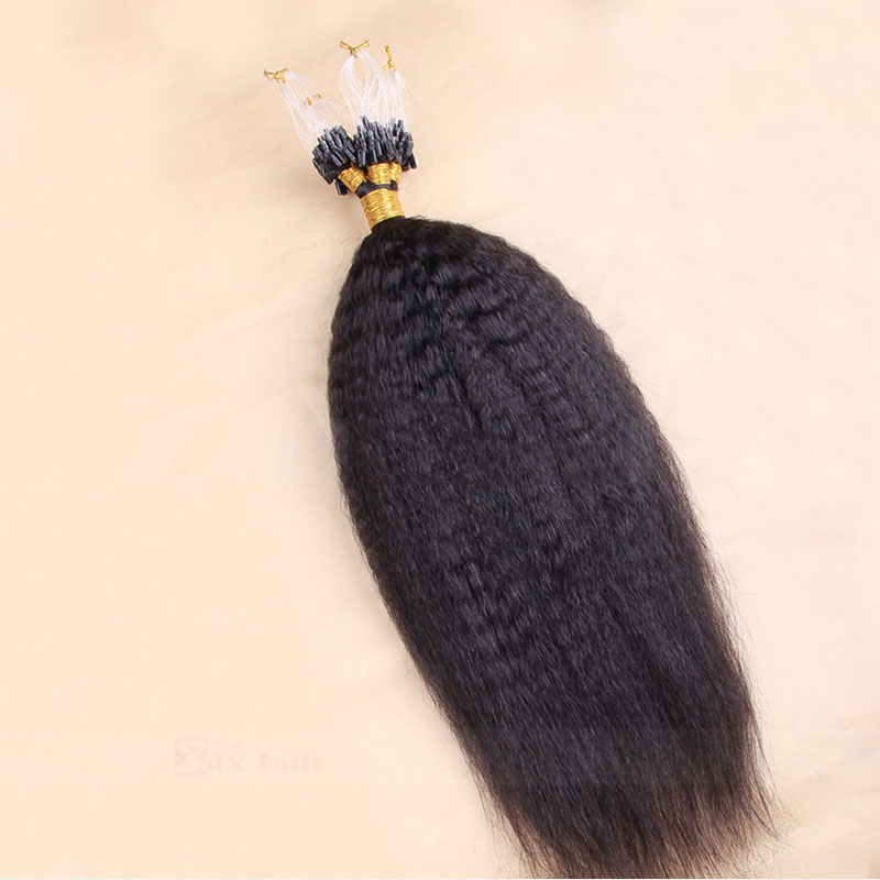 10 - 30 Inch #1B Natural Black Yaki Kinky Straight Micro Loop Human Hair Extensions 100S 0