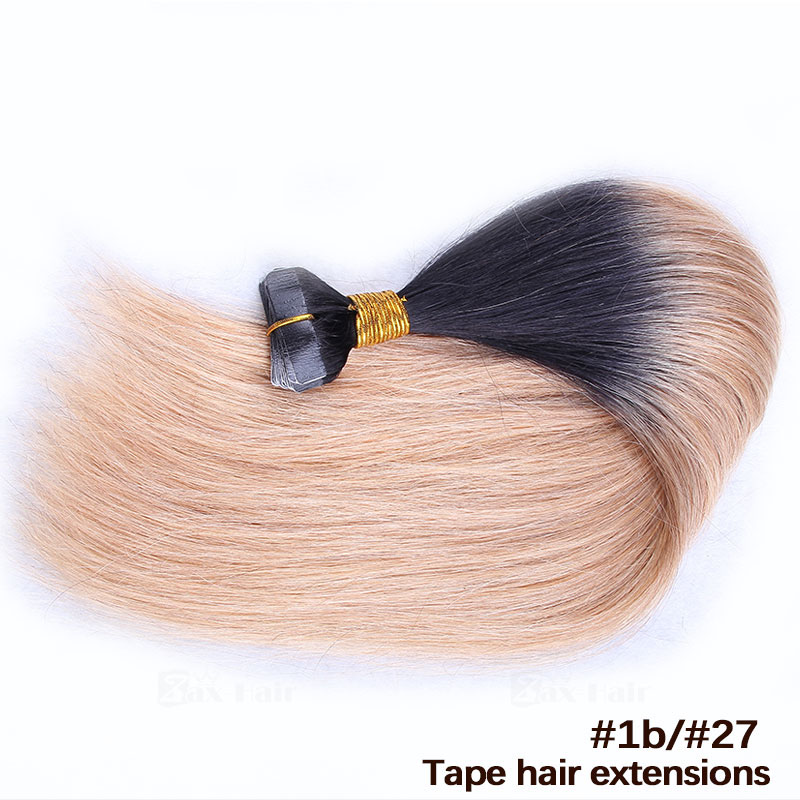 10 - 30 Inch Ombre Tape In Remy Human Hair Extensions Two Tone #1B/#27 Straight 20 Pcs 1