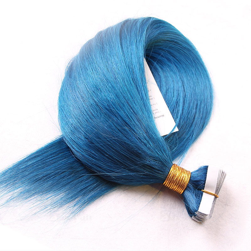 10 - 30 Inch Tape In Remy Human Hair Extensions Blue Straight 20 Pcs