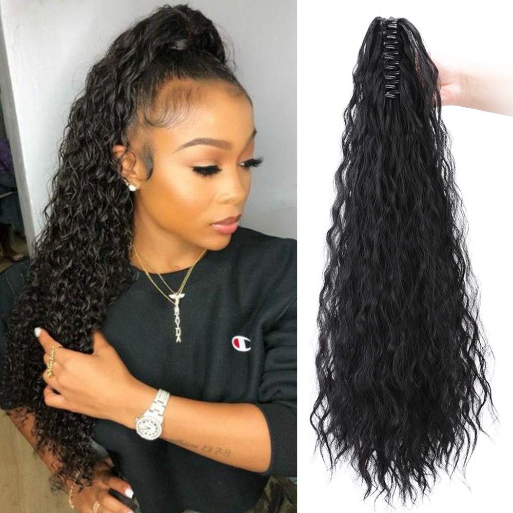 14  - 32 Inch Curly Human Hair Ponytail  Claw Clip Ponytail Extensions #1B Natural Black
