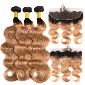 1B/27 Body Wave Hair 3 Bundles With Lace Frontal Ombre Hair Color With Dark Roots
