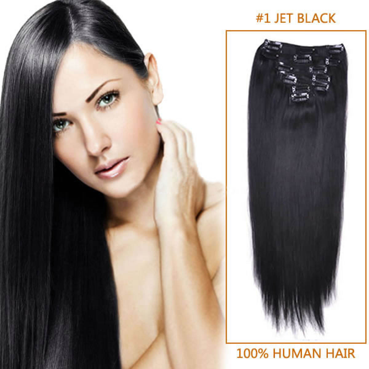 Inch 1 Jet Black Clip In Human Hair Extensions 11pcs