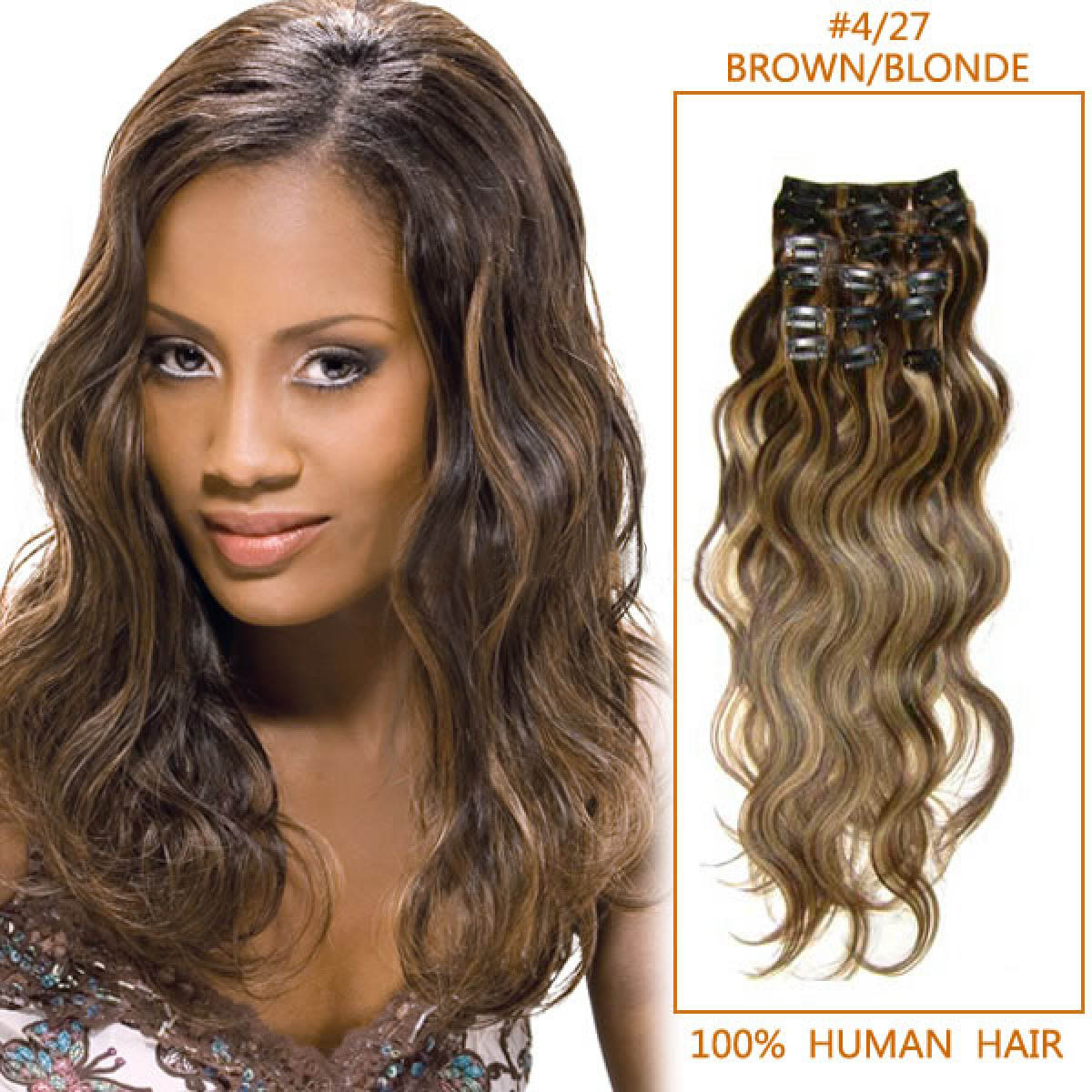 Inch 4 27 Brown Blonde Wavy Clip In Human Hair Extensions 10pcs