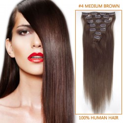 20 Inch #4 Medium Brown Clip In Remy Human Hair Extensions 9pcs