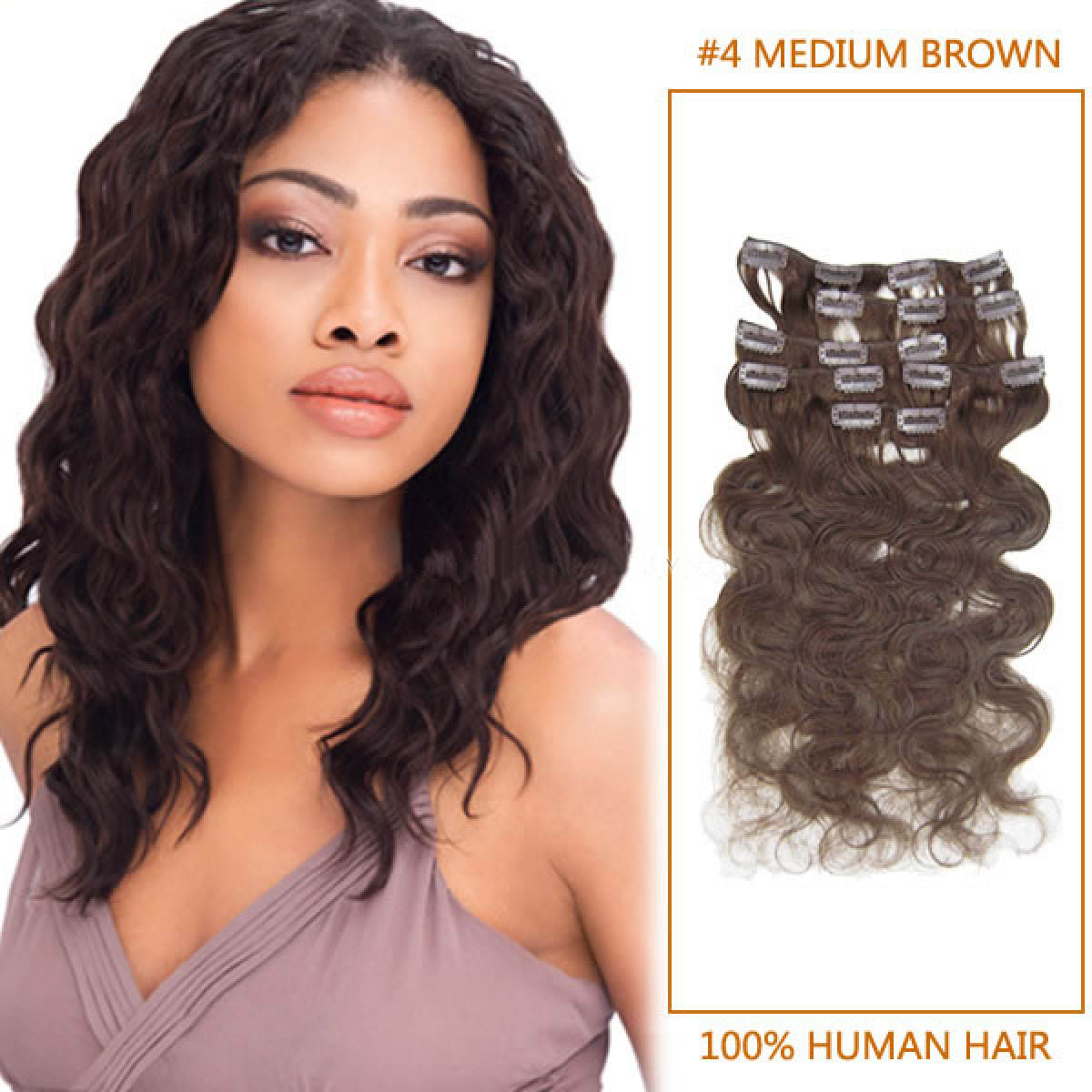 Inch 4 Medium Brown Wavy Clip In Human Hair Extensions 10pcs