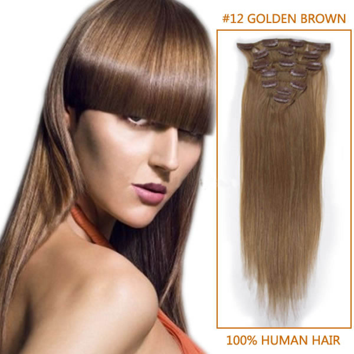 Inch 12 Golden Brown Clip In Human Hair Extensions 8pcs