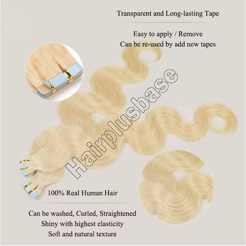 24 Inch 613 Bleach Blonde Tape In Hair Extensions Silky Body Wave 20 Pcs