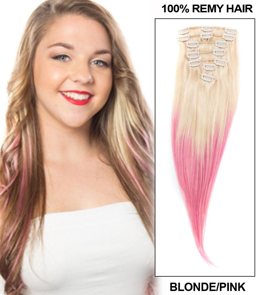 24 Inch Popular Ombre Clip in Hair Extensions Two Tone Straight 9 Pieces