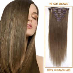 26 Inch #8 Ash Brown Clip In Remy Human Hair Extensions 7pcs