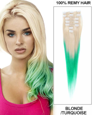 26 Inch Bleach and Lime Green Ombre Clip in Hair Extensions Two Tone Straight 9 Pieces #613TGreen