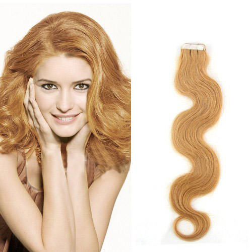 28 Inch #27 Strawberry Blonde Tape In Hair Extensions Glossy Body Wave 20 Pcs