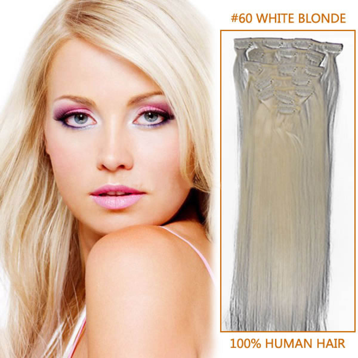 28 Inch #60 White Blonde Clip In Remy Human Hair Extensions 9pcs