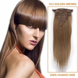32 Inch #12 Golden Brown Clip In Remy Human Hair Extensions 12pcs