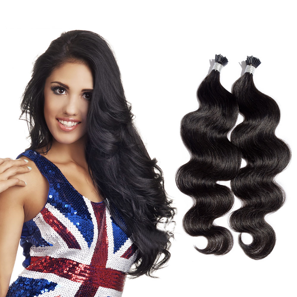 6 - 30 Inch #1 Jet Black Stick I Tip Body Wave Real Human Hair Extensions 100S 