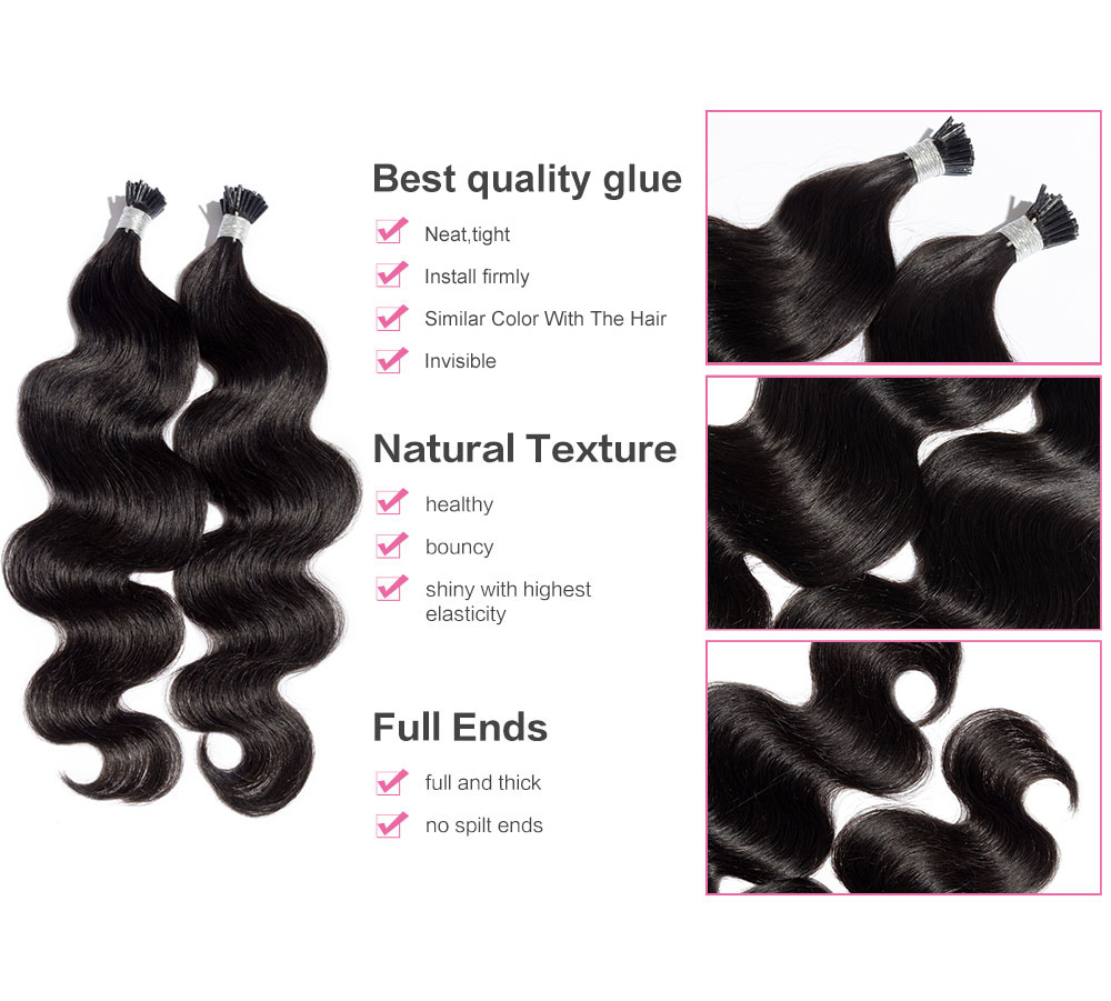 6 - 30 Inch #1 Jet Black Stick I Tip Body Wave Real Human Hair Extensions 100S 1