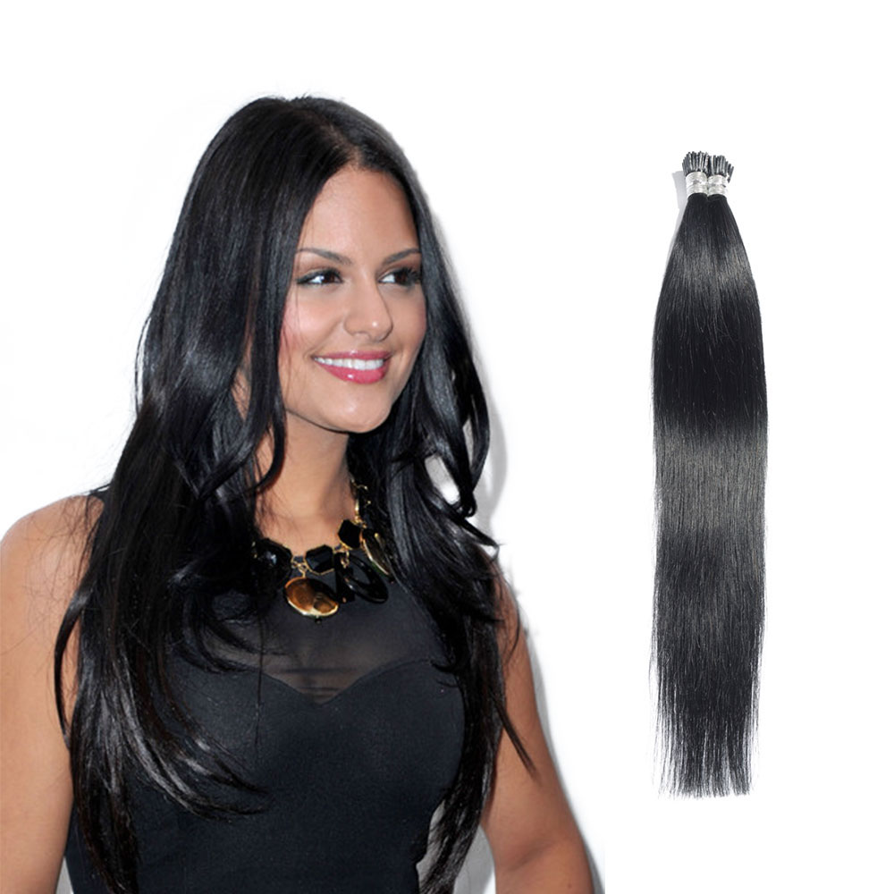 6 - 30 Inch #1 Jet Black Stick I Tip Straight Real Human Hair Extensions 100S