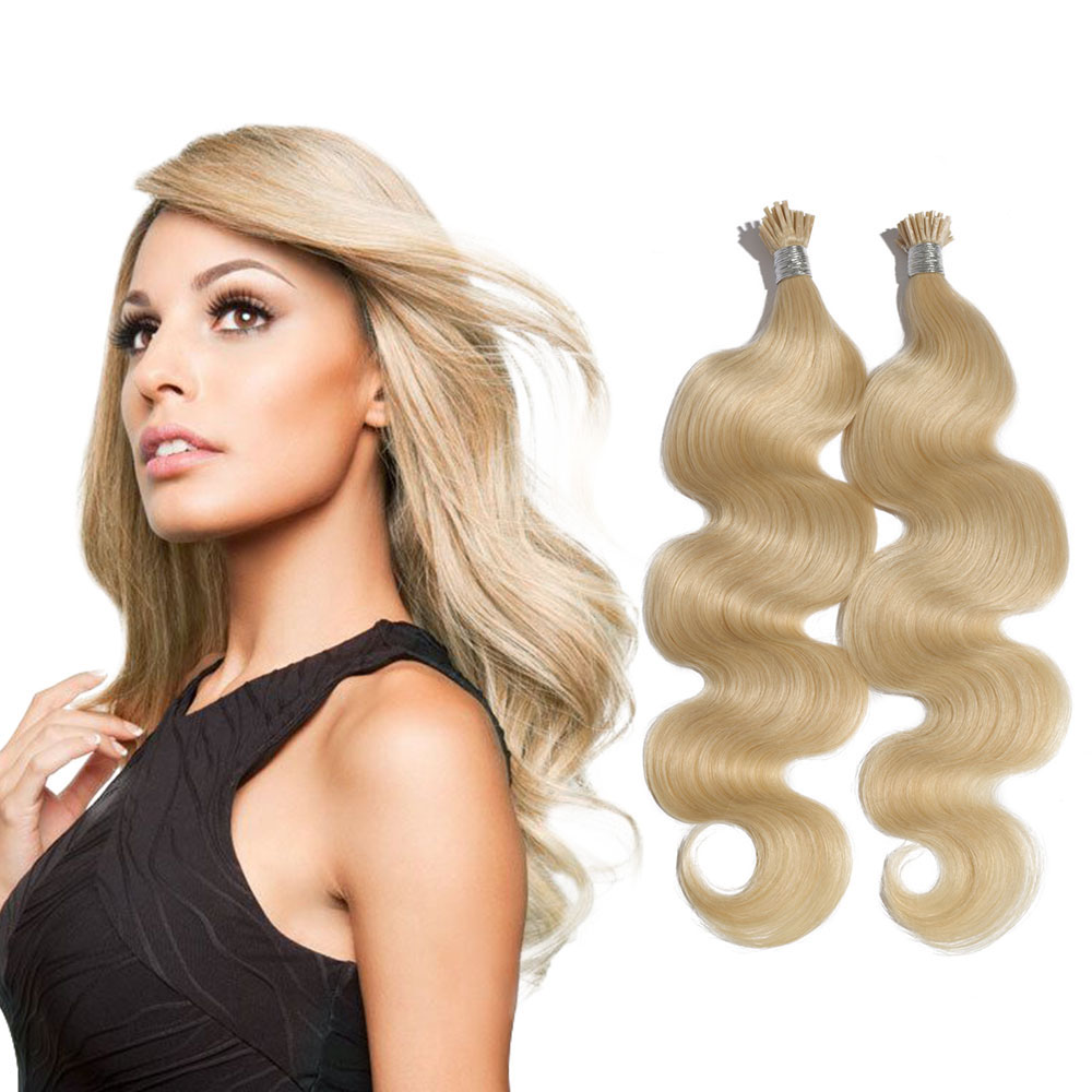 6 - 30 Inch #60 White Blonde Stick I Tip Body Wave Real Human Hair Extensions 100S