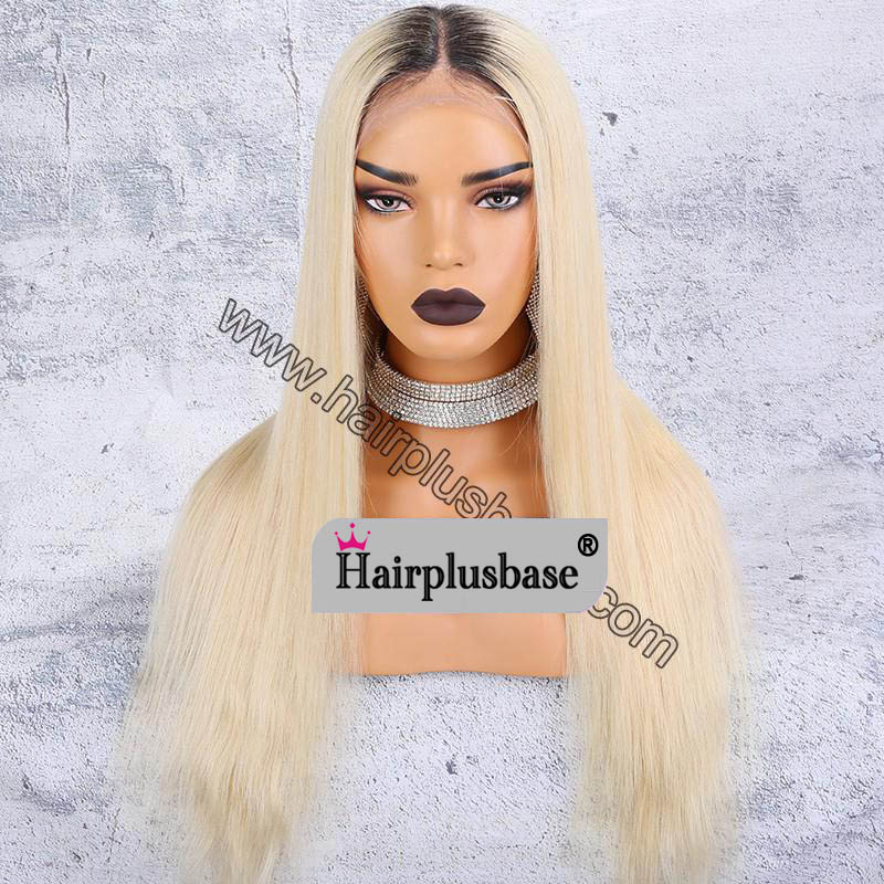 6 Inches Deep Part Pre Plucked Natural Straight 360 Lace Wigs 150% Density Indian Remy Hair, Dark Roots Blonde Hair 360 Wig