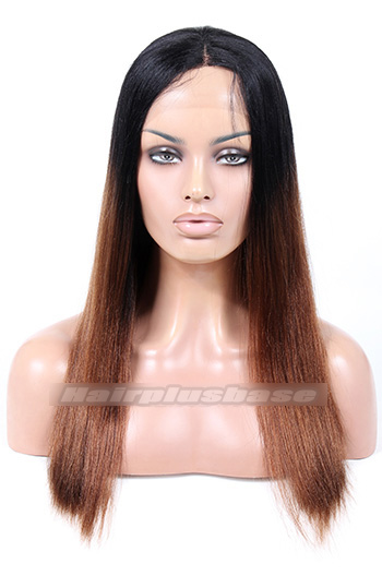 Yaki Straight Ombre Brown Indian Remy Hair Middle Part Long Style Glueless Lace Part Wigs