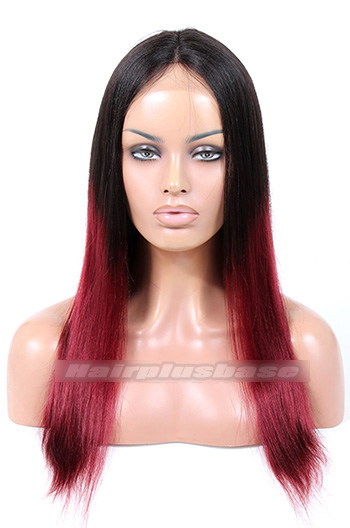 18 Inch #99J Ombre Yaki Straight Indian Remy Hair Affordable Glueless Middle Part Lace Part Wigs