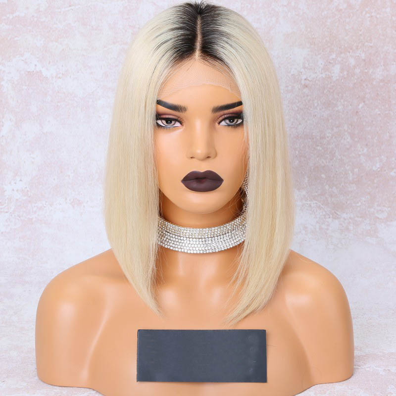 Blonde Hair Dark Root Bob Cut Lace Front Wigs, Indian Remy Hair, Silk Straight, NC/613, 150% Density