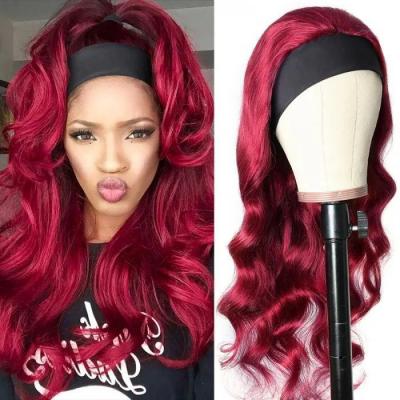 Burgundy 99J Headband Wig Body Wave Hair Wigs With Pre-attached Scarf
