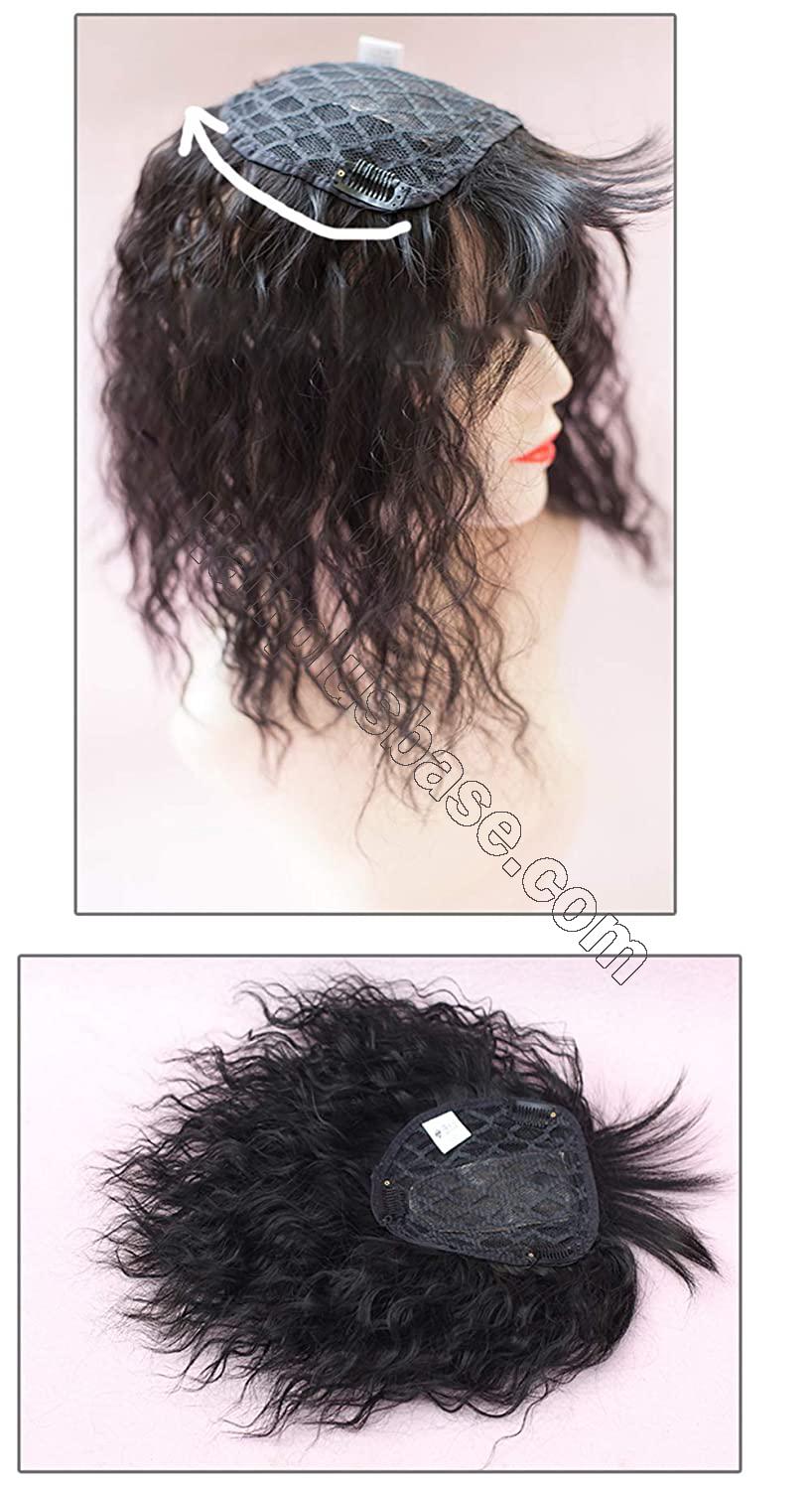 Curly Hair Topper Hairpieces with Bangs for Women, Soft Synthetic Clip in Crown Toppers for Thinning Hair 3
