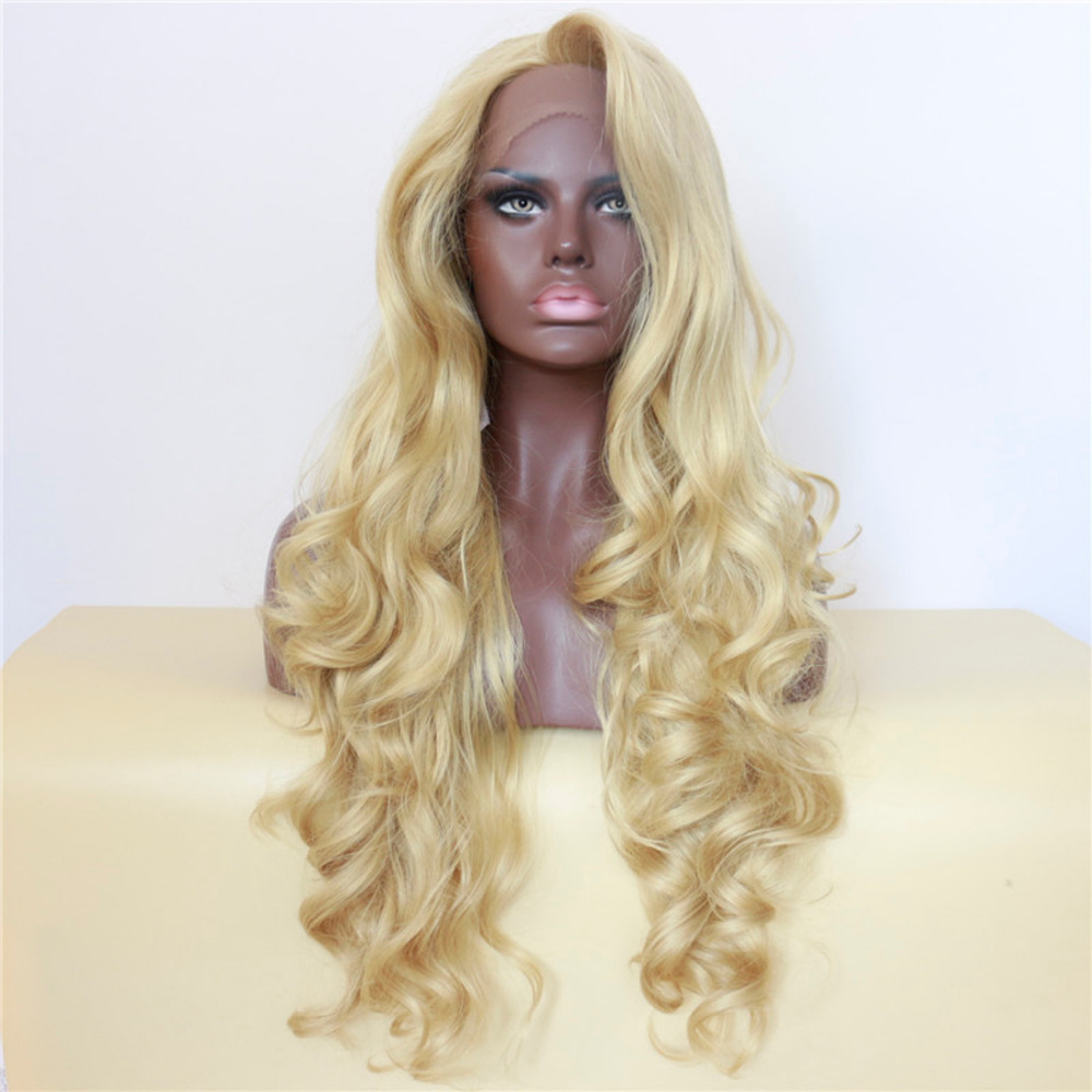 Fashion Golden Blonde Long Wavy Synthetic Hair Lace Front Wig 0