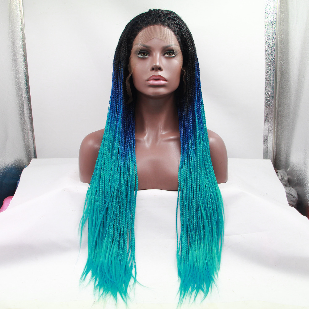 Fashion Long Blue Ombre Braided Lace Front Wig For Black Women