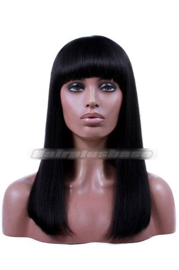 Indian Remy Hair Full Bangs Thick Bob 150% Density Yaki Straight Glueless Non-lace Wigs With Natural Looking Silk Top Hair Whorl