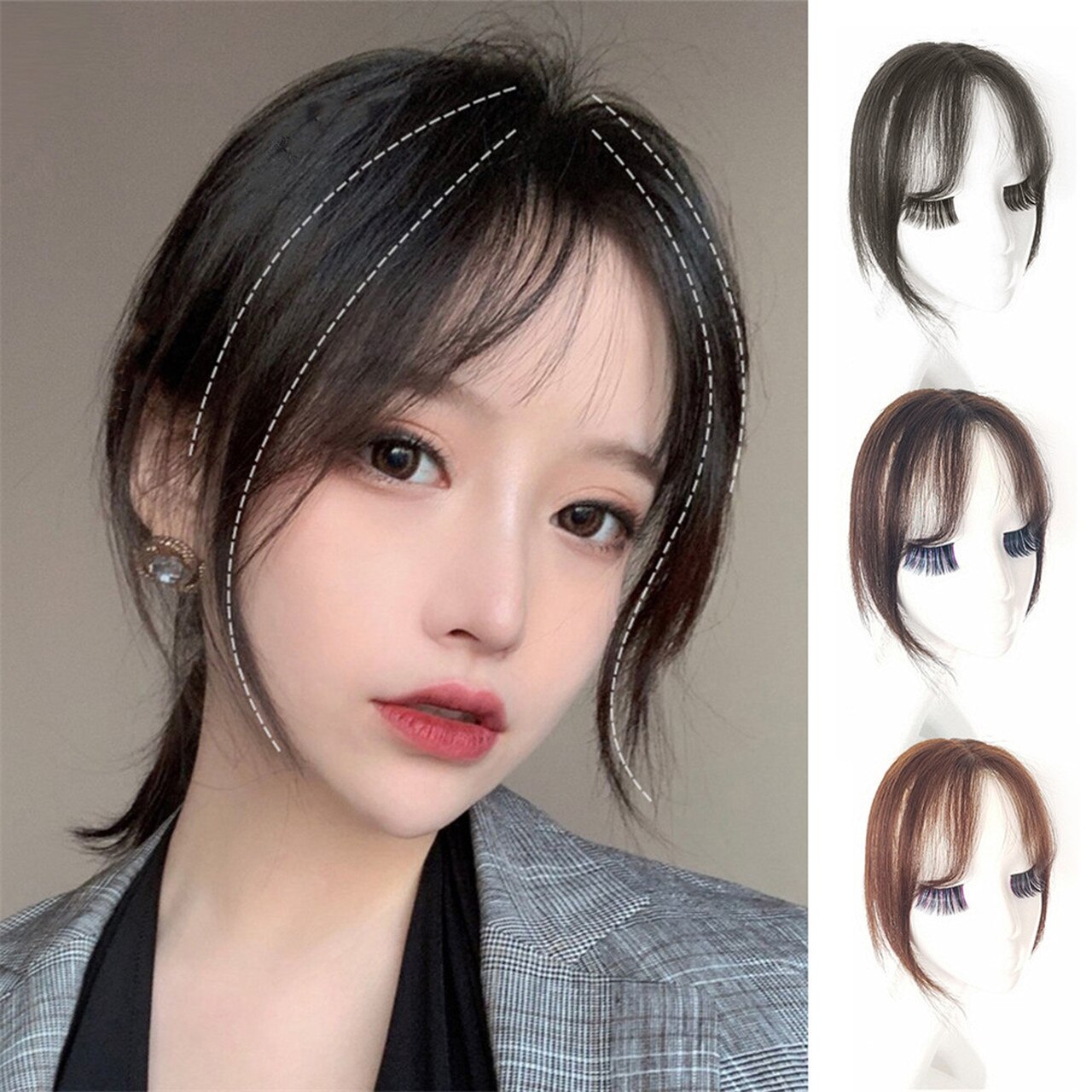 Korean Curtain Bangs Full Hand Made 100% Human Hair Mono Hair Topper