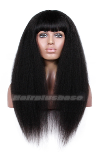 18 Inch Full Bangs Kinky Straight Indian Remy Hair Glueless Wigs With Natural Looking Silk Top Hair Whorl {10-15 business days processing time} 