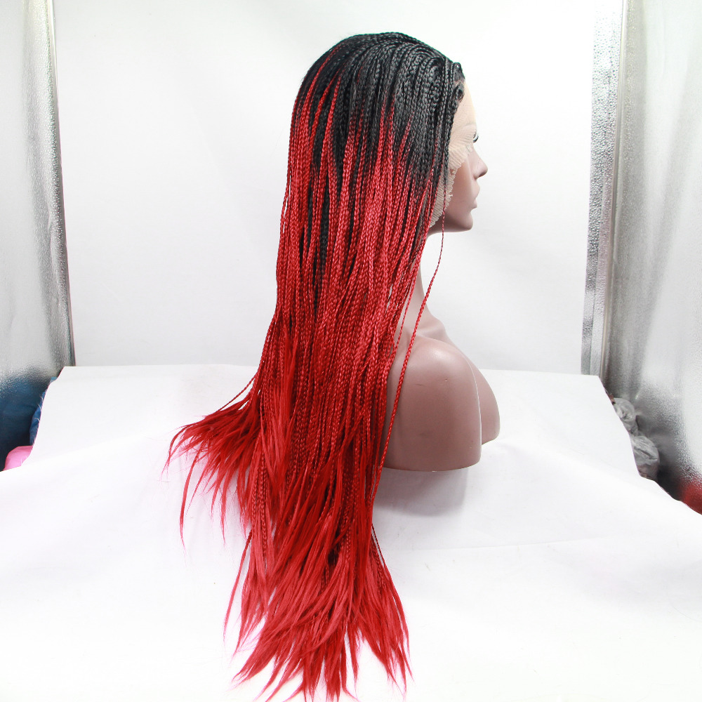 Long Black To Red Ombre Braided Lace Front Wigs For Black Women