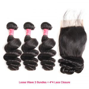 Loose Wave Brazilian Hair 3 Bundles with 4×4 Lace Closures