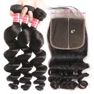 Loose Wave Human Hair 6x6 Pre-Plucked Lace Closure With 3 Hair Bundles