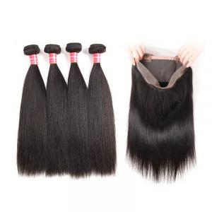 Malaysian Straight Human Hair 4 Bundles With 360 Lace Frontal Closure