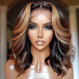 Short Fluffy Wavy Honey Blonde Highlighted Wig Short Brown Honey Blonde Highlight Bob Wavy Wigs 100% Human  main image 3