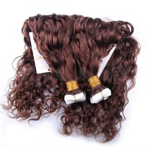 10 - 30 Inch Tape In Remy Human Hair Extensions #4 Medium Brown Loose Wavy 20 Pcs 0