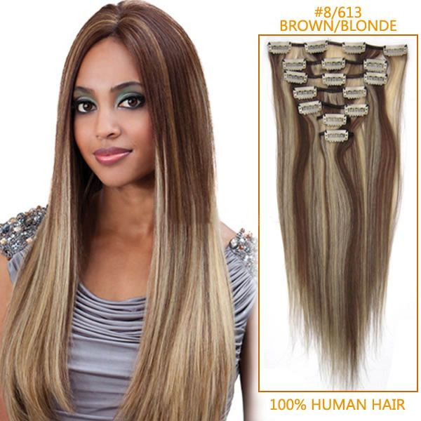 15 Inch #8/613 Brown/Blonde Clip In Human Hair Extensions 9pcs