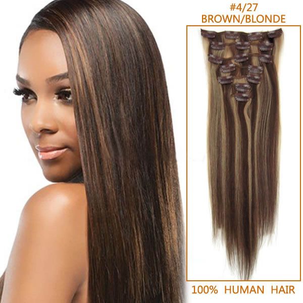 15 Inch #4/27 Brown/Blonde Clip In Human Hair Extensions 7pcs