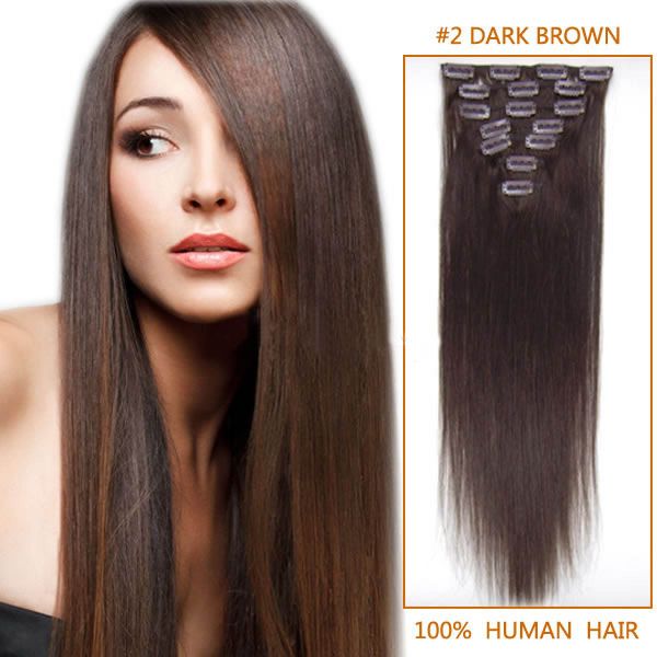 26 Inch #2 Dark Brown Clip In Human Hair Extensions 8pcs
