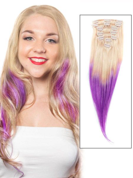 32 Inch Bleach Blonde and Purple Ombre Clip in Hair Extensions Two Tone  Straight 9 Pieces