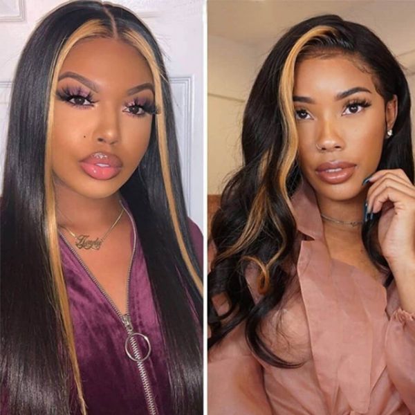 Highlight #NA27 Straight And Body Wave Colored Lace Front Wigs With Only One Strand Of #27 Color Hair In Front Highlight #NA27 Straight And Body Wave Colored Lace Front Wigs With Only One Strand Of #27 Color Hair In Front
