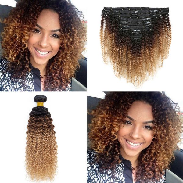 Ombre Kinky Curly Clip In Human Hair Extensions 1B/4/27 120g