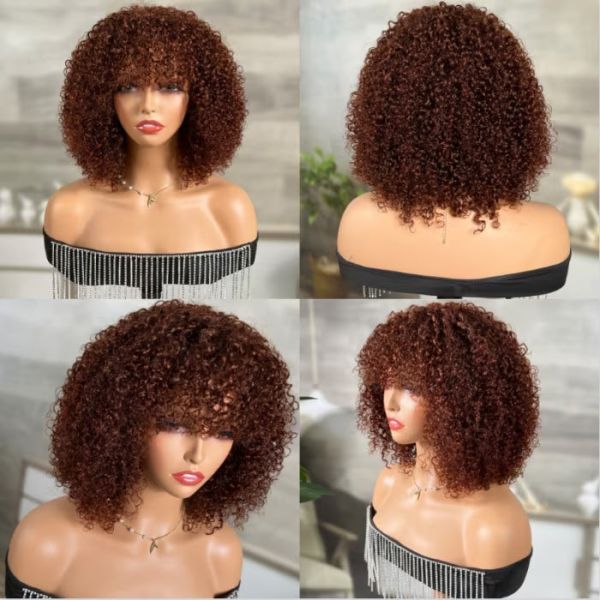 Reddish Brown Curly Bob Wig with Bangs Human Hair Short  display picture 1