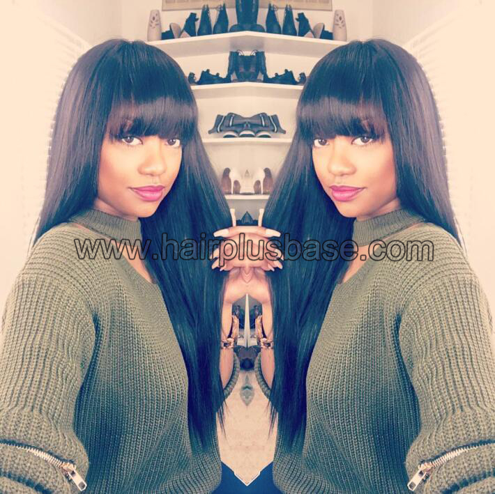 Full Bangs Lace Front Wigs Remy Human Hair, Yaki Straight