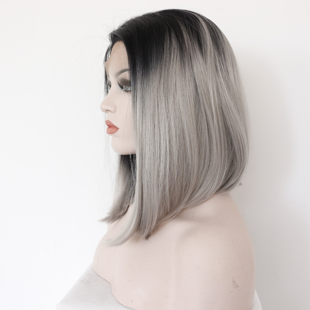 Medium Long Black To Gray Ombre Front Lace Bob Wig For Women