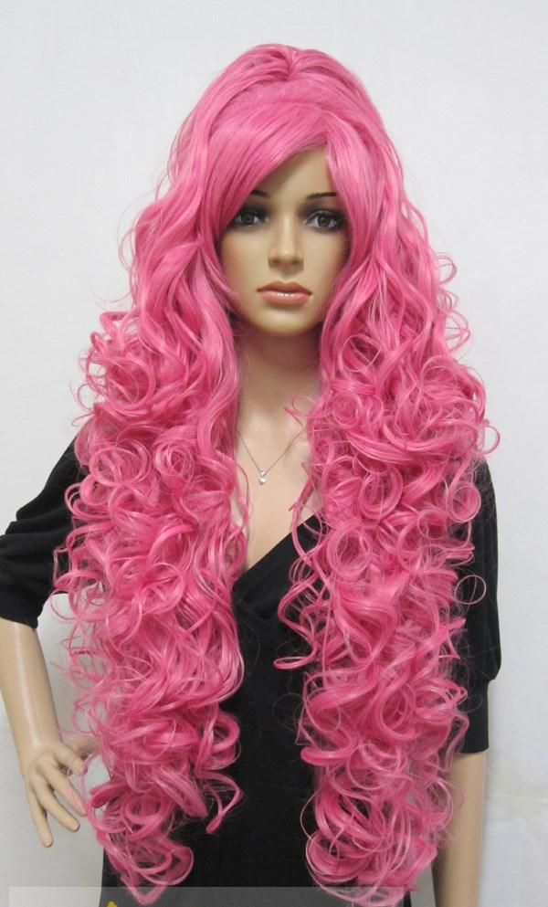 Real Human Capless Long Synthetic Hair Pink Wavy Curly Cheap Cosplay Wigs