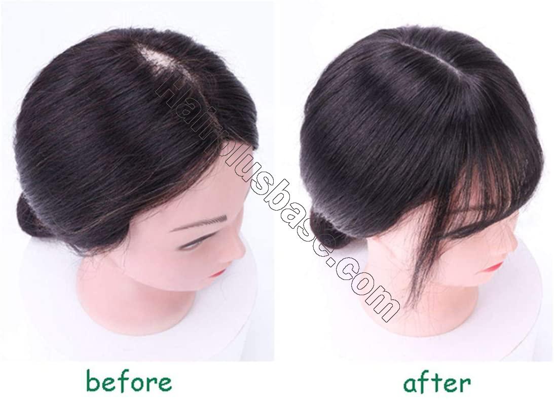 Realistic Crown Hair Pieces with Bangs, Real Human Hair Clip in Toppers