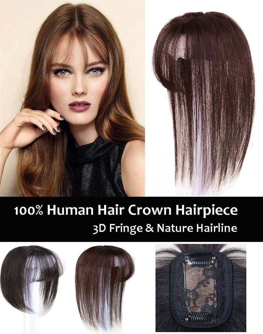 Realistic Crown Hair Pieces with Bangs, Real Human Hair Clip in Toppers